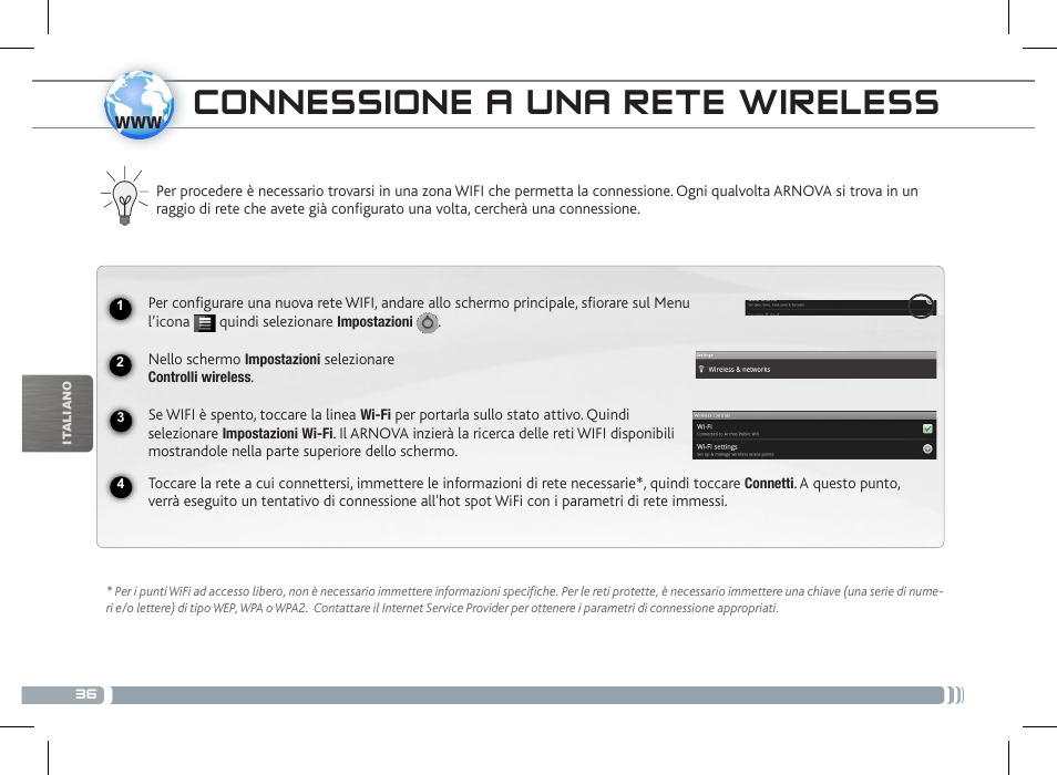 Connessione a una rete wireless, Connessione a una rete 3g | ARNOVA 7c G2 User Manual | Page 36 / 57