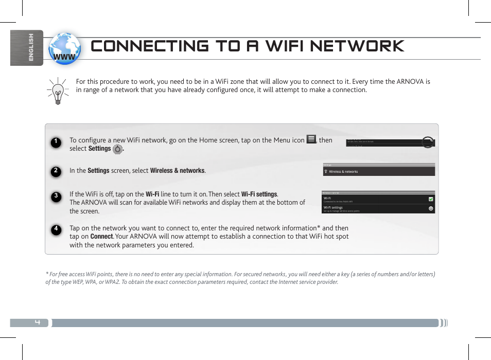 Connecting to a wifi network, Connecting to a 3g network | ARNOVA 7c G2 User Manual | Page 4 / 57