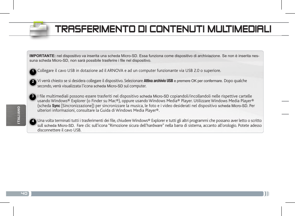 Trasferimento di contenuti multimediali | ARNOVA 7c G2 User Manual | Page 40 / 57