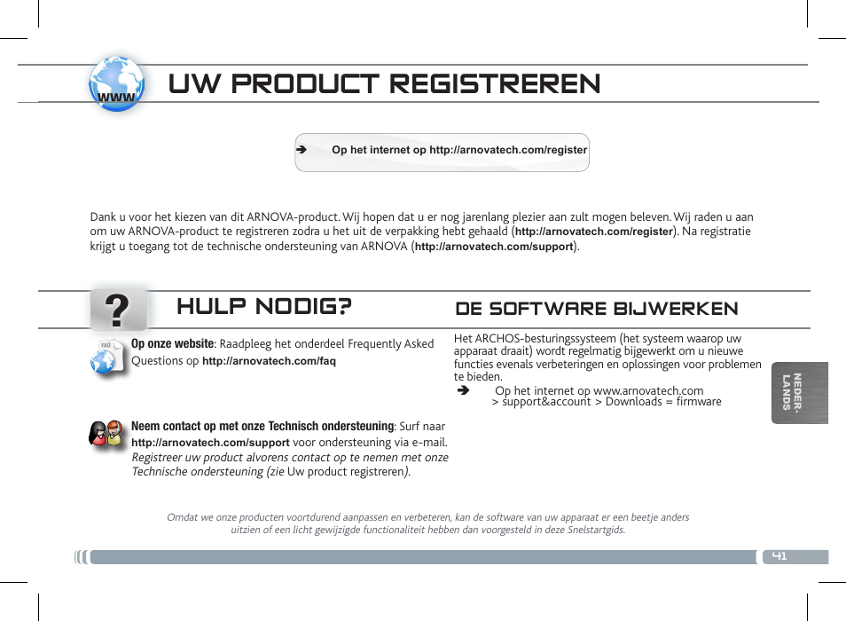 Trasferimento di contenuti multimediali, Uw product registreren, Hulp nodig | De software bijwerken | ARNOVA 7c G2 User Manual | Page 41 / 57