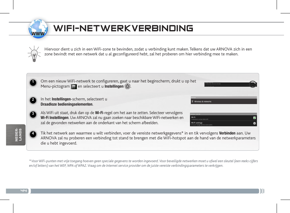 Wifi-netwerkverbinding, Verbinding maken met een 3g-netwerk | ARNOVA 7c G2 User Manual | Page 44 / 57