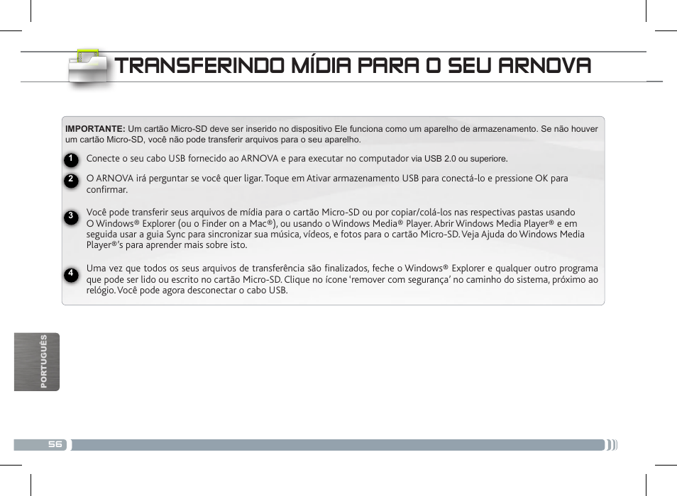 Transferindo mídia para o seu arnova, National restrictions, Charging specifications | ARNOVA 7c G2 User Manual | Page 56 / 57