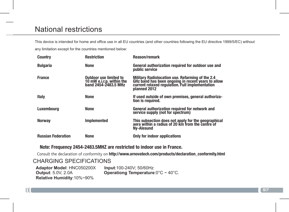 National restrictions, Charging specifications | ARNOVA 7c G2 User Manual | Page 57 / 57