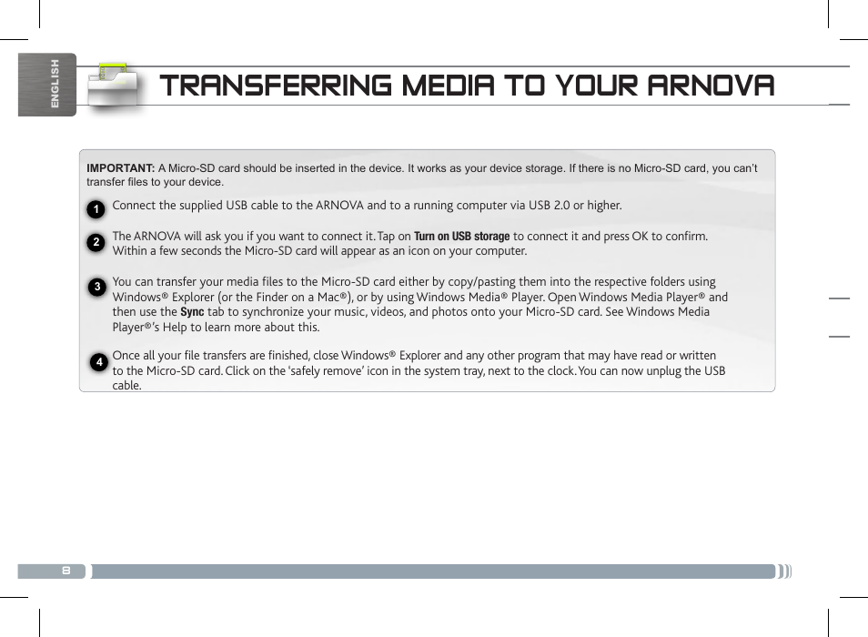 Transferring media to your arnova | ARNOVA 7c G2 User Manual | Page 8 / 57