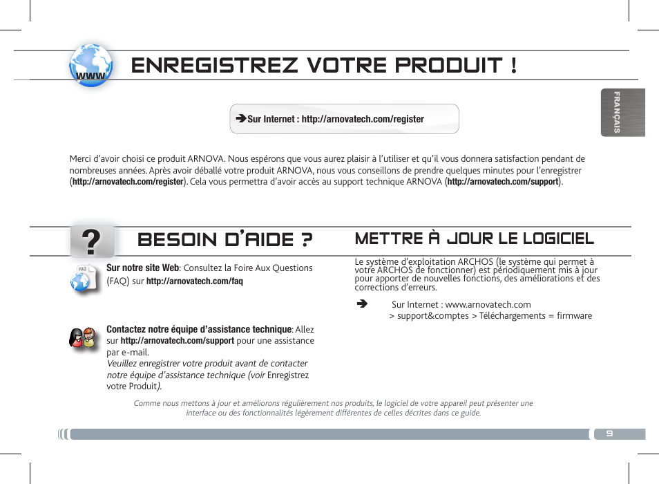 Enregistrez votre produit, Besoin d’aide, Mettre à jour le logiciel | ARNOVA 7c G2 User Manual | Page 9 / 57