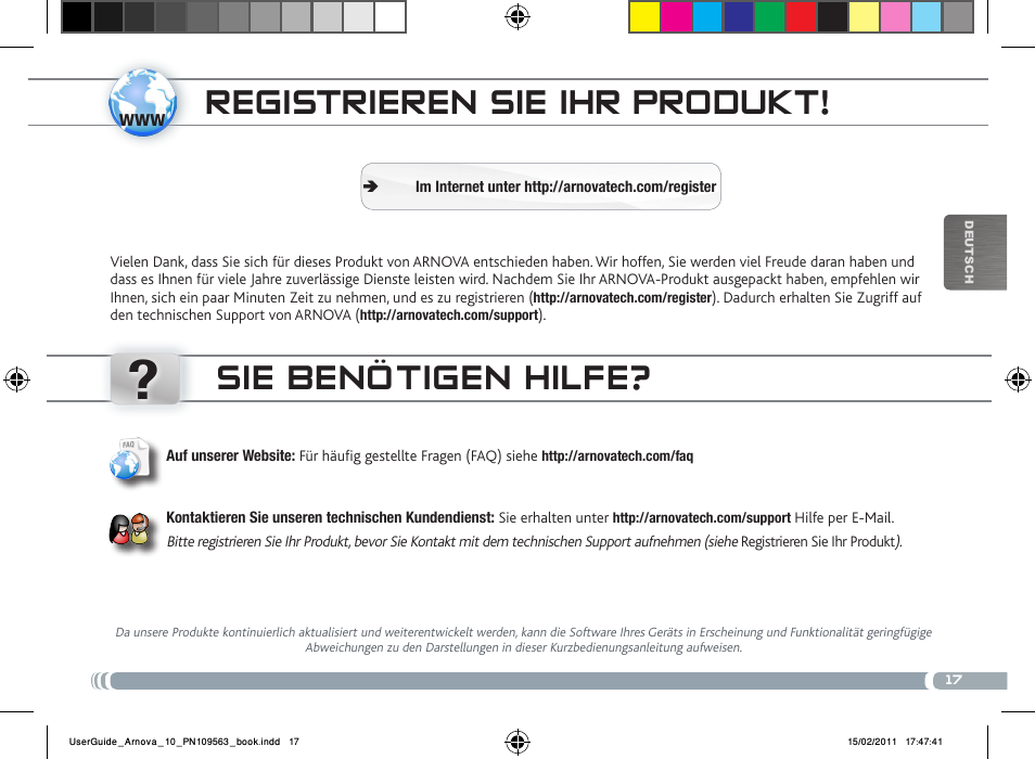 Registrieren sie ihr produkt, Sie benötigen hilfe | ARNOVA 10 User Manual | Page 17 / 48