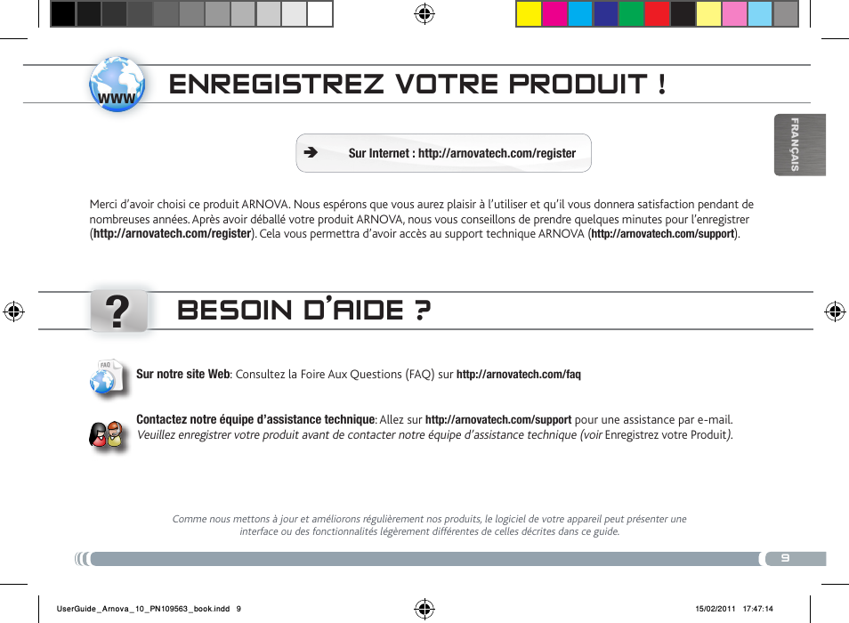 Enregistrez votre produit, Besoin d’aide | ARNOVA 10 User Manual | Page 9 / 48
