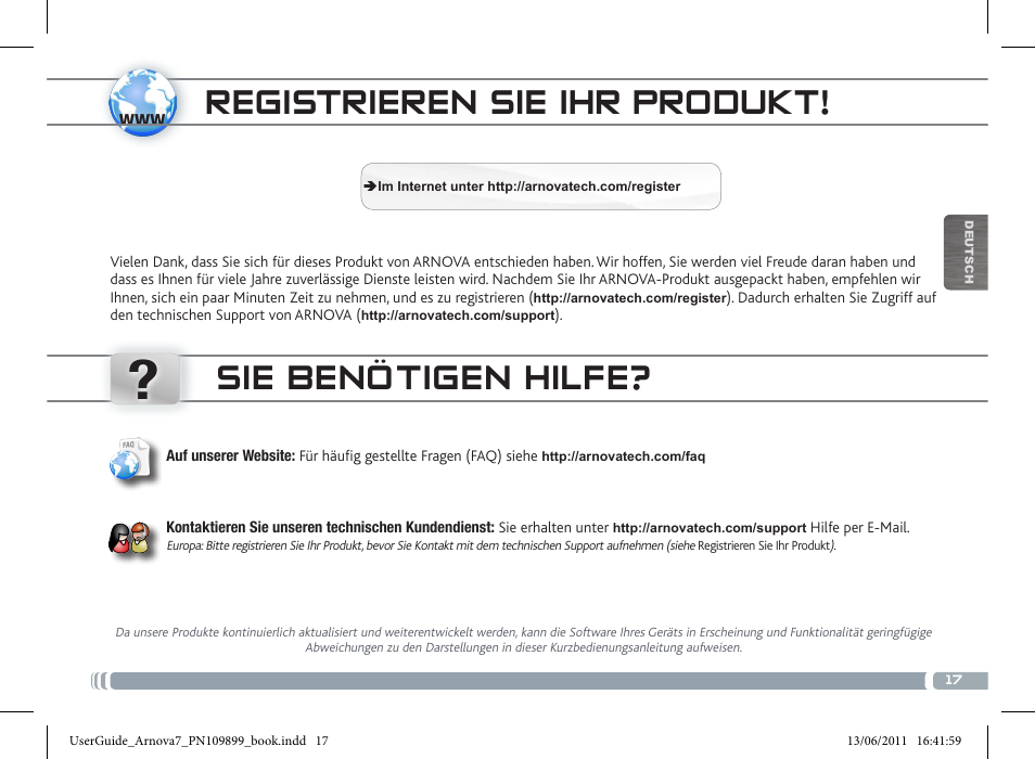 Registrieren sie ihr produkt, Sie benötigen hilfe | ARNOVA 7 User Manual | Page 17 / 49
