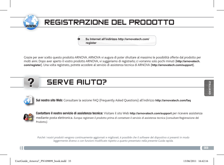 Transferencia de archivos multimedia, Registrazione del prodotto, Serve aiuto | ARNOVA 7 User Manual | Page 33 / 49