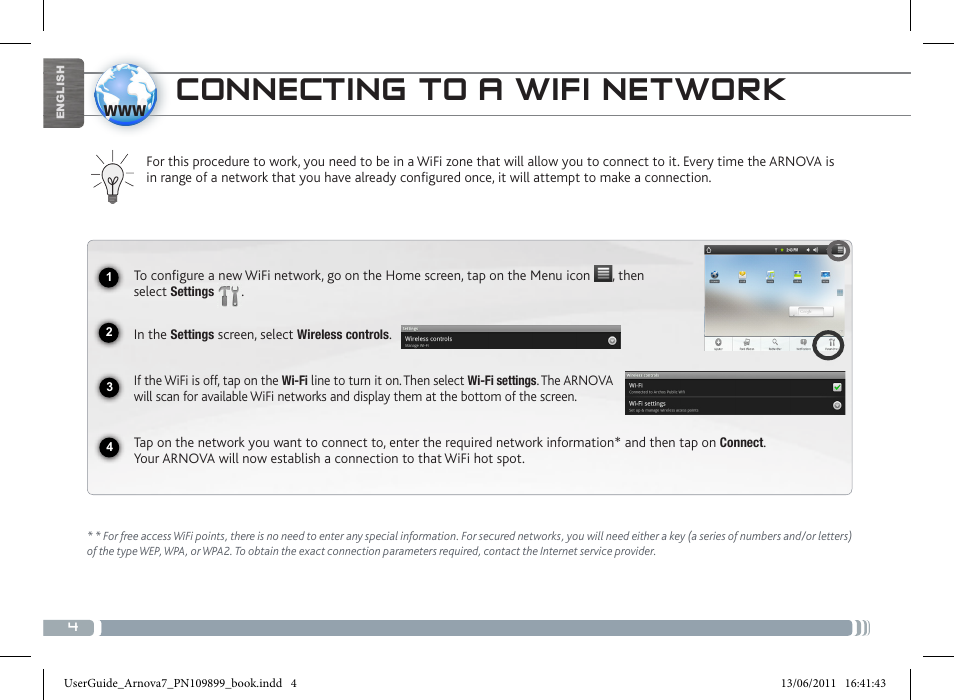 Connecting to a wifi network | ARNOVA 7 User Manual | Page 4 / 49