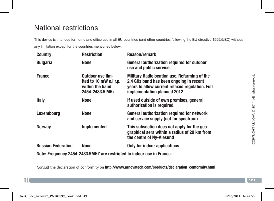 National restrictions | ARNOVA 7 User Manual | Page 49 / 49