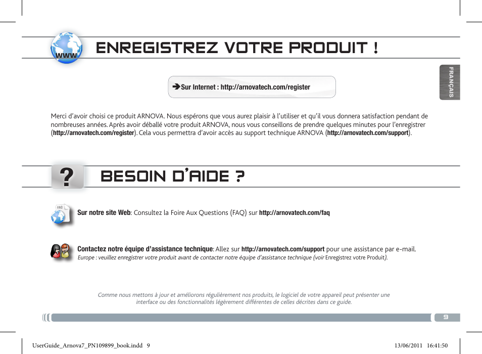 Enregistrez votre produit, Besoin d’aide | ARNOVA 7 User Manual | Page 9 / 49