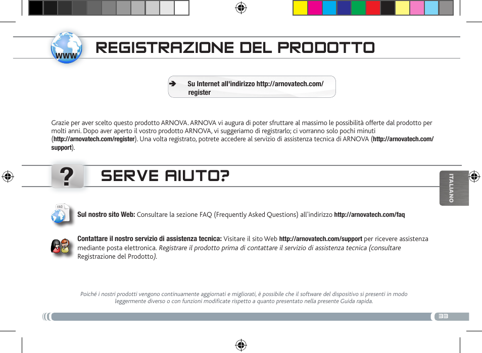 Transferencia de archivos multimedia, Registrazione del prodotto, Serve aiuto | ARNOVA 8 User Manual | Page 33 / 48