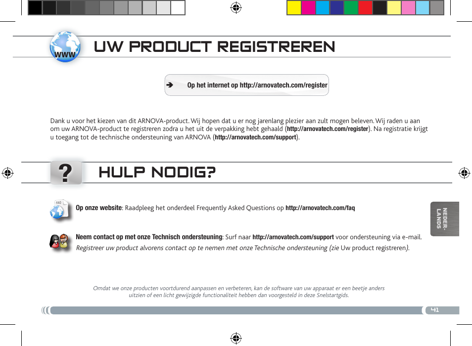 Trasferimento di contenuti multimediali, Uw product registreren, Hulp nodig | ARNOVA 8 User Manual | Page 41 / 48