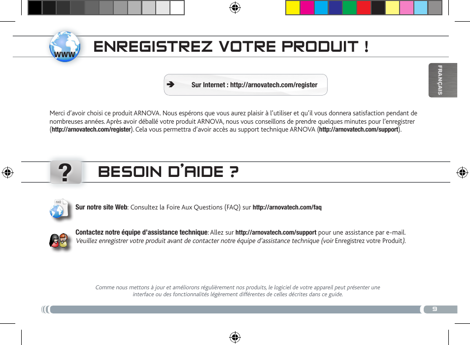 Enregistrez votre produit, Besoin d’aide | ARNOVA 8 User Manual | Page 9 / 48