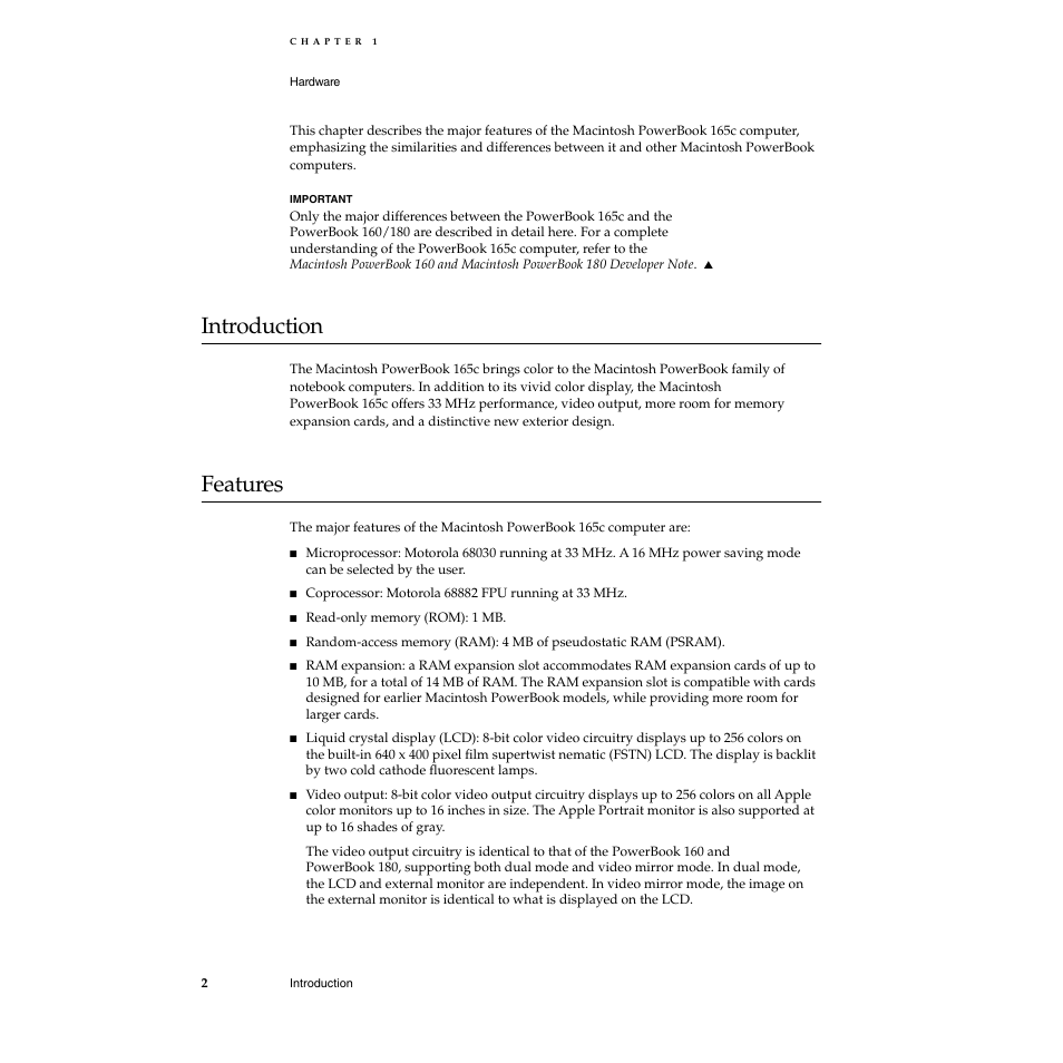 Introduction, Features, Introduction 1 | Features 1 | Apple Macintosh PowerBook 165c User Manual | Page 12 / 25