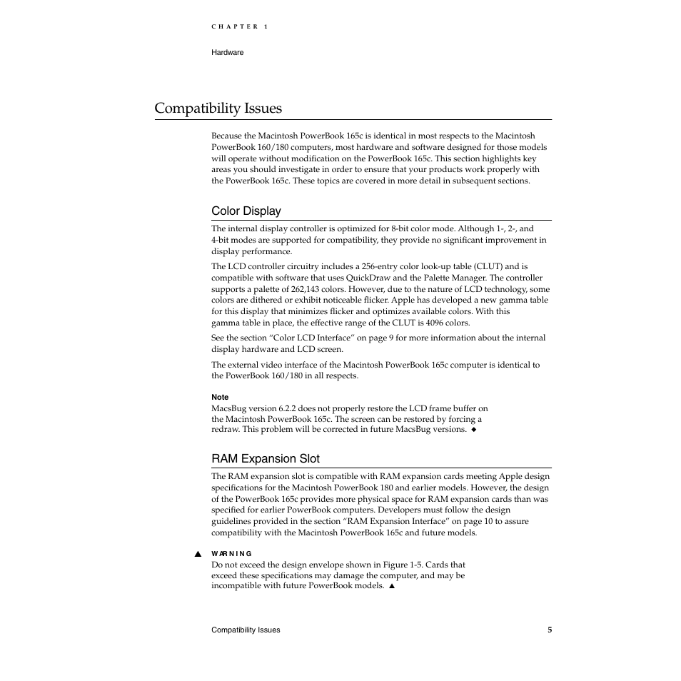 Compatibility issues, Color display, Ram expansion slot | Compatibility issues 1, Color display 1, Ram expansion slot 1 | Apple Macintosh PowerBook 165c User Manual | Page 15 / 25