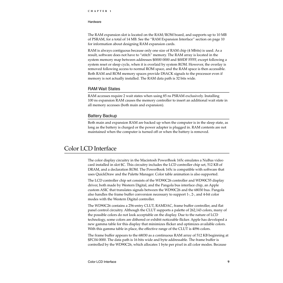 Ram wait states, Battery backup, Color lcd interface | Color lcd interface 1 | Apple Macintosh PowerBook 165c User Manual | Page 19 / 25