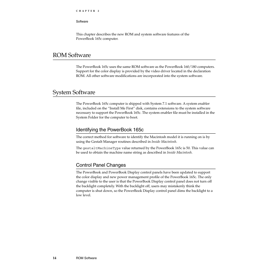 Rom software, System software, Identifying the powerbook 165c | Control panel changes, Rom software 2, System software 2 | Apple Macintosh PowerBook 165c User Manual | Page 24 / 25