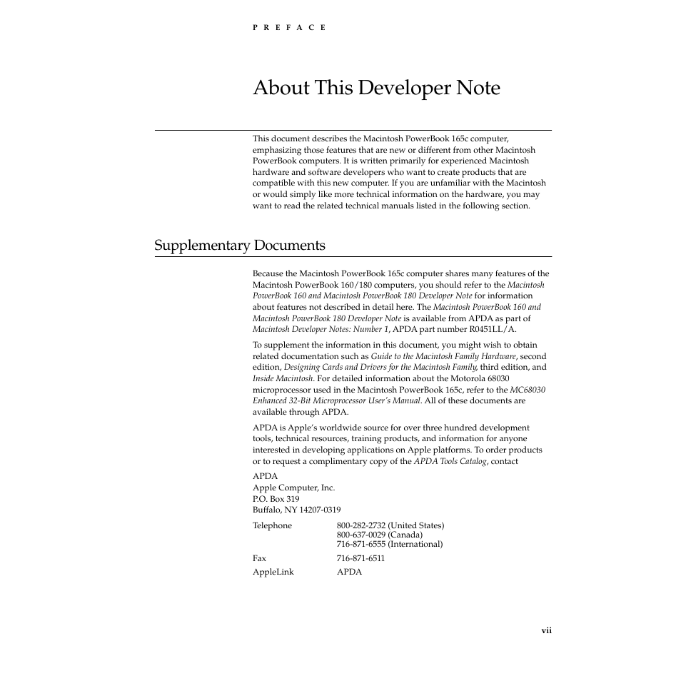 About this developer note, Supplementary documents, Supplementary documents 0 | Apple Macintosh PowerBook 165c User Manual | Page 7 / 25