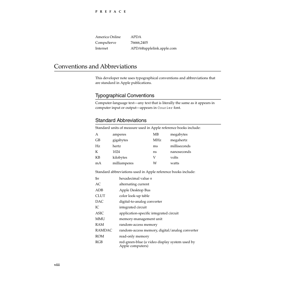 Conventions and abbreviations, Typographical conventions, Standard abbreviations | Conventions and abbreviations 0, Typographical conventions 0, Standard abbreviations 0 | Apple Macintosh PowerBook 165c User Manual | Page 8 / 25
