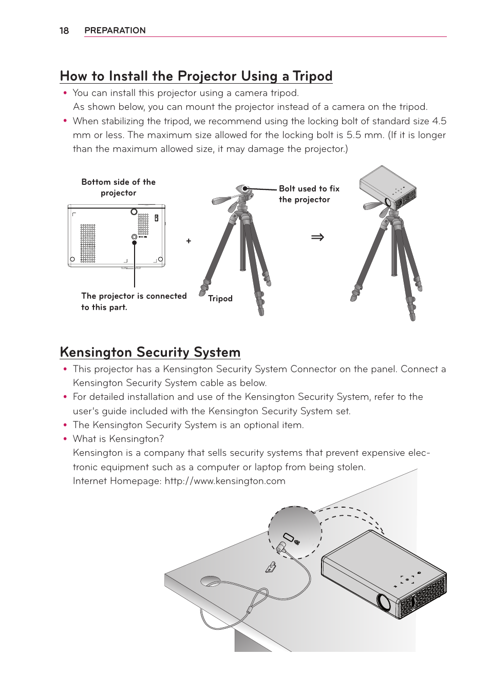 How to install the projector using a tripod, Kensington security system, How to install the projector using a | Tripod | Artograph LED 500 Owners Manual User Manual | Page 18 / 61