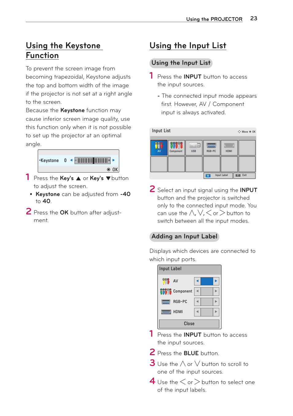 Using the keystone function, Using the input list, Using the keystone | Function | Artograph LED 500 Owners Manual User Manual | Page 23 / 61