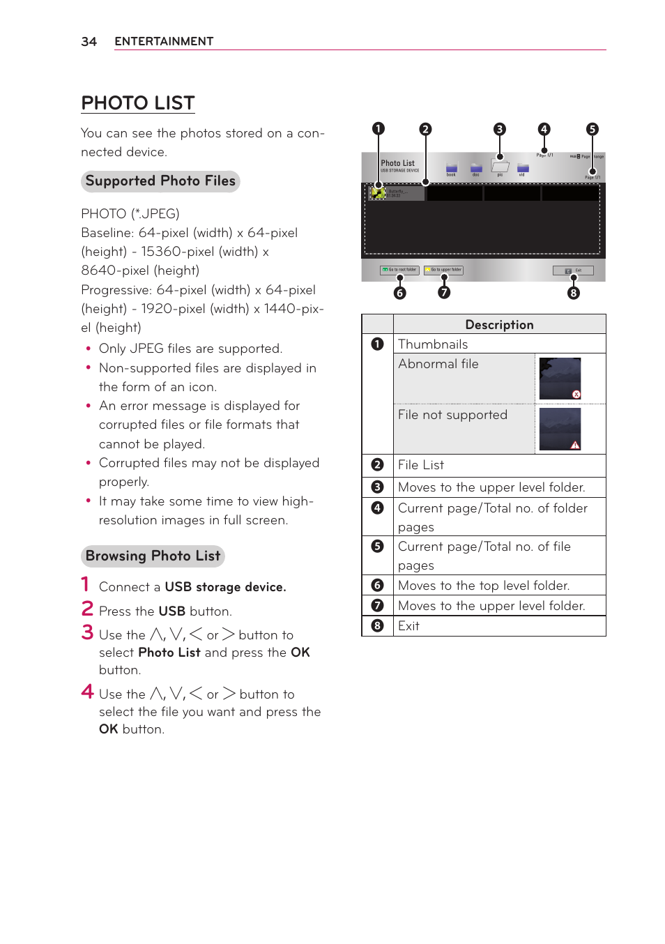 Photo list, Supported photo files, Browsing photo list | Artograph LED 500 Owners Manual User Manual | Page 34 / 61