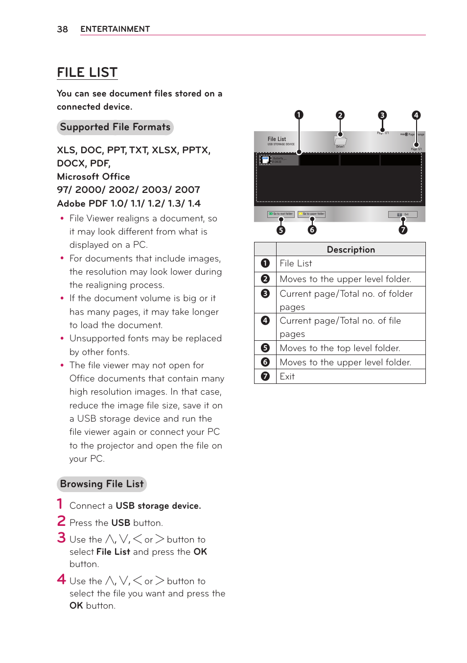 File list, Supported file formats, Browsing file list | Artograph LED 500 Owners Manual User Manual | Page 38 / 61