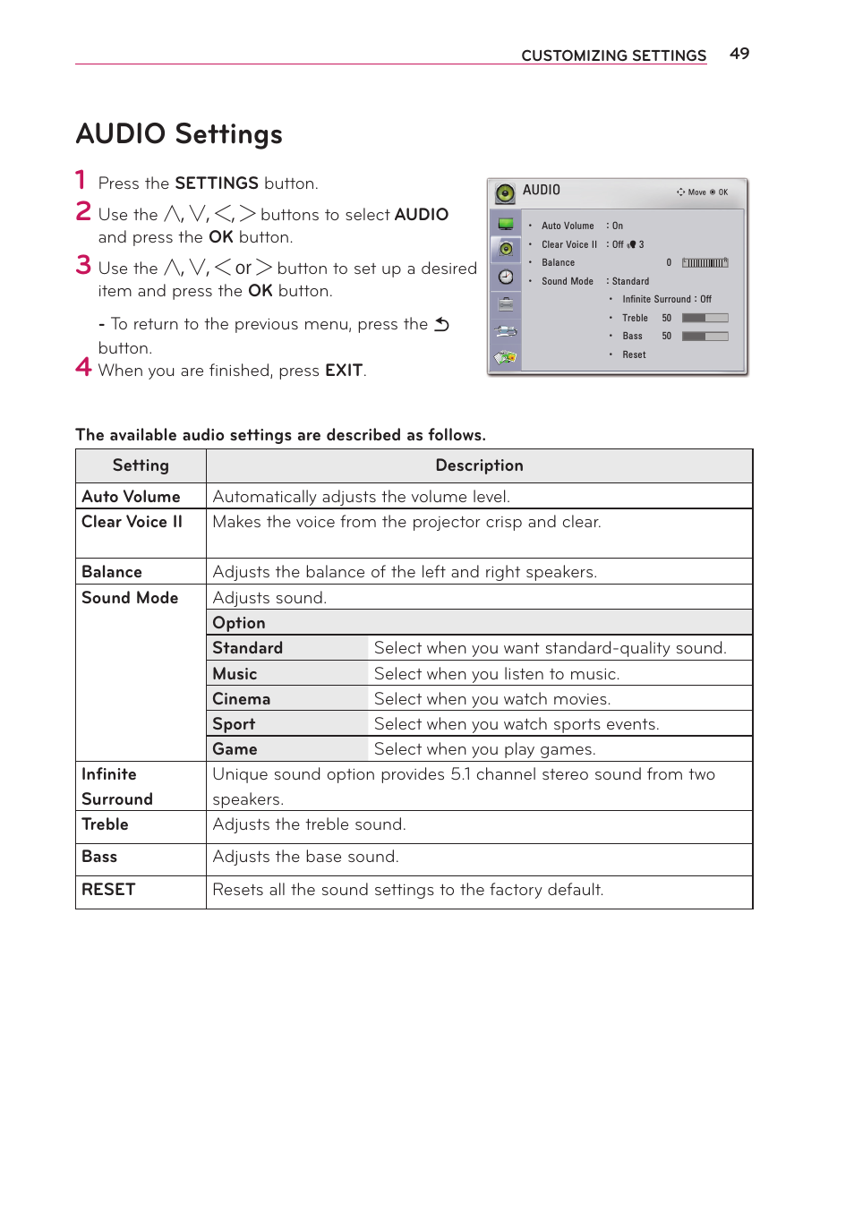Audio settings | Artograph LED 500 Owners Manual User Manual | Page 49 / 61