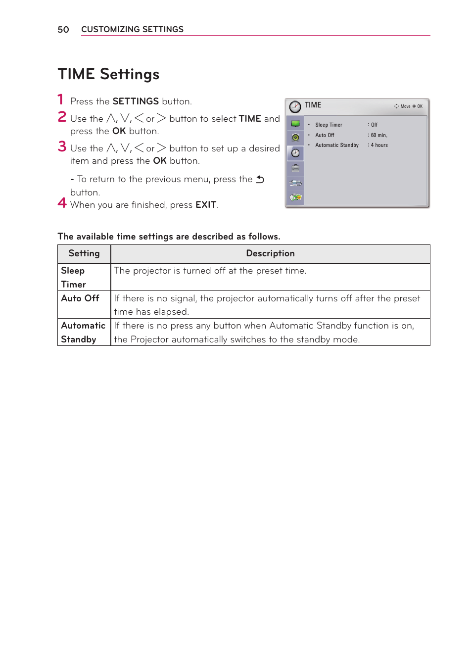 Time settings | Artograph LED 500 Owners Manual User Manual | Page 50 / 61