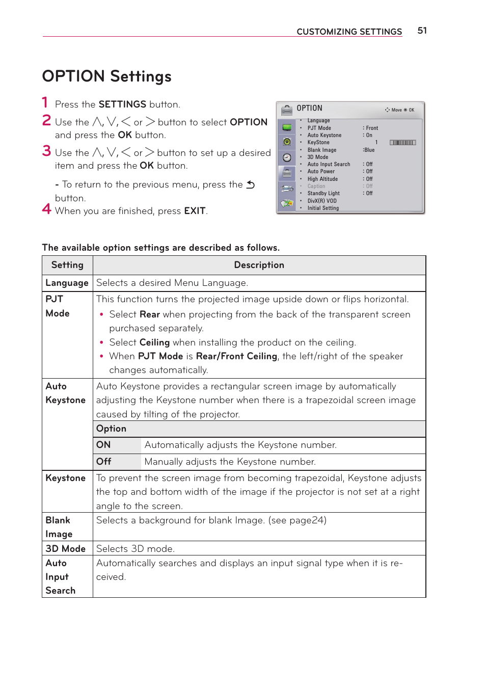 Option settings | Artograph LED 500 Owners Manual User Manual | Page 51 / 61