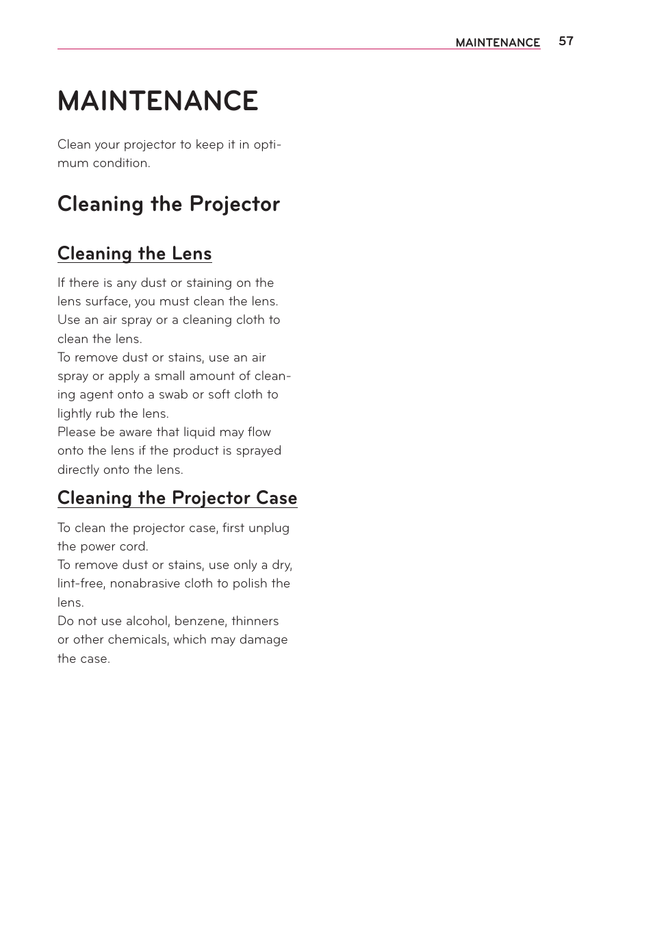 Maintenance, Cleaning the projector, Cleaning the lens | Cleaning the projector case | Artograph LED 500 Owners Manual User Manual | Page 57 / 61