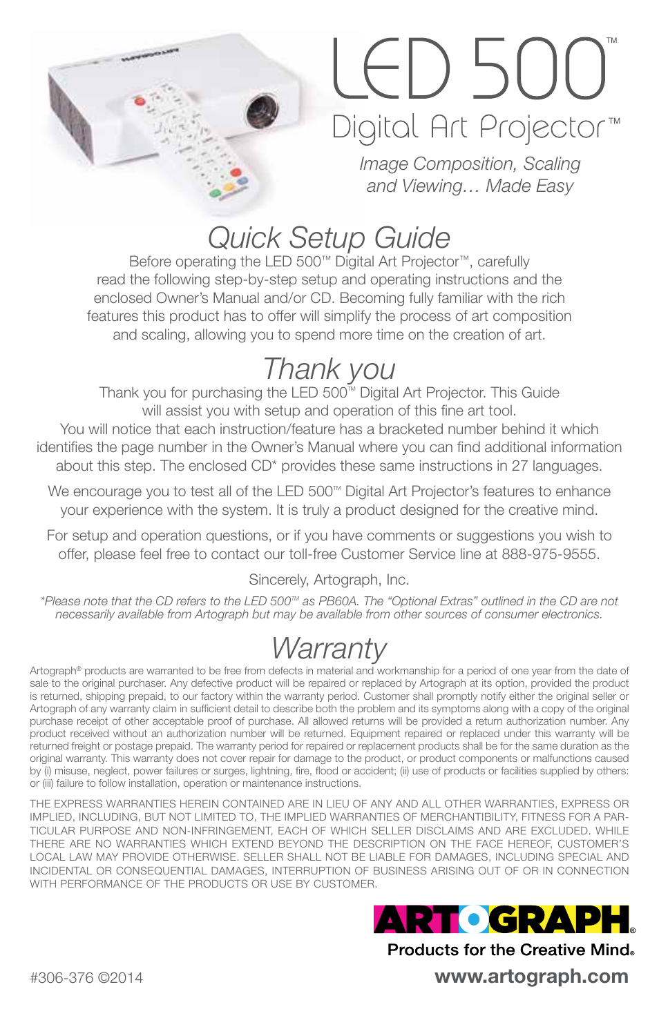 Artograph LED 500 Quick Setup Guide User Manual | 7 pages