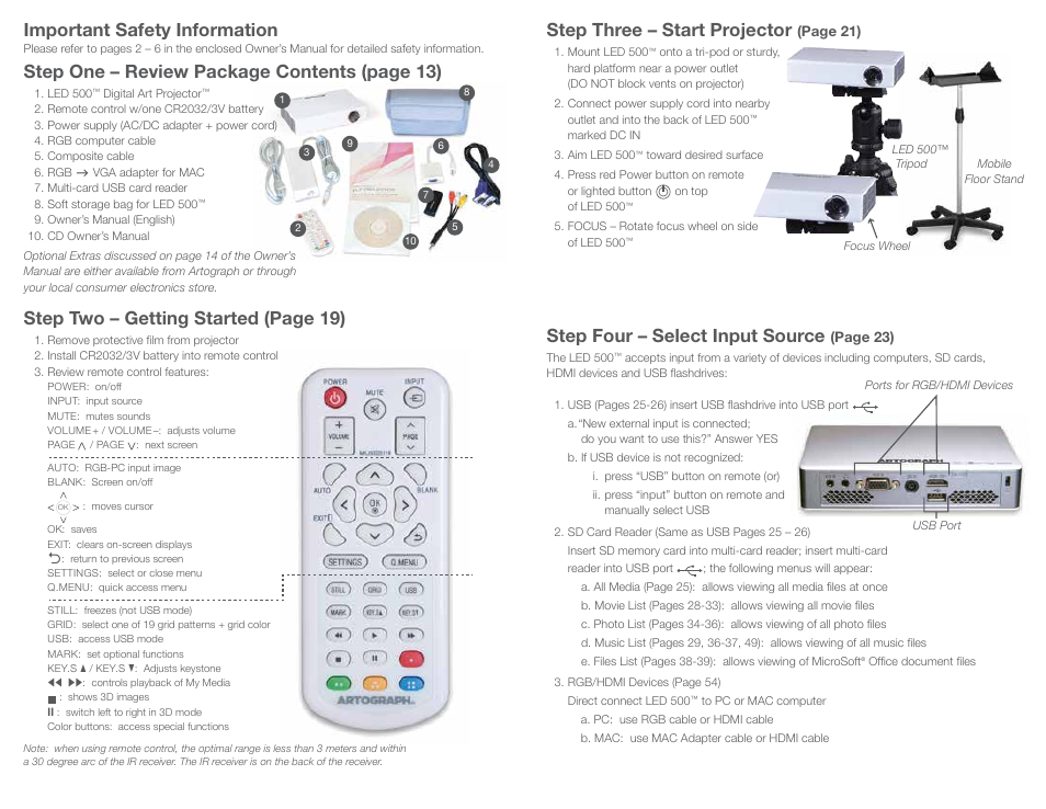 Important safety information, Step one – review package contents (page 13), Step three – start projector | Step two – getting started (page 19), Step four – select input source, Page 21), Page 23) | Artograph LED 500 Quick Setup Guide User Manual | Page 2 / 7