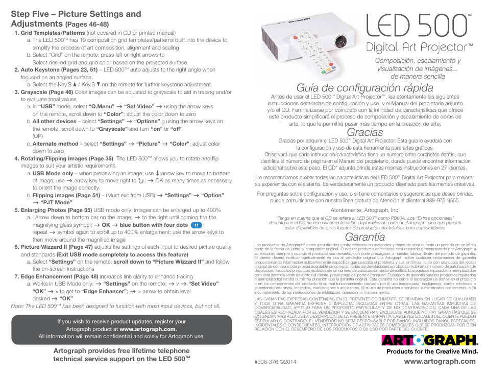 Guía de configuración rápida, Gracias, Garantía | Step five – picture settings and adjustments | Artograph LED 500 Quick Setup Guide User Manual | Page 3 / 7