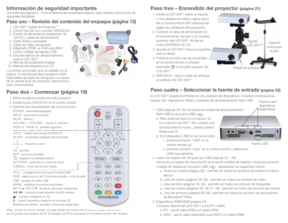Paso tres – encendido del proyector, Paso dos – comenzar (página 19), Paso cuatro – seleccionar la fuente de entrada | Información de seguridad importante | Artograph LED 500 Quick Setup Guide User Manual | Page 4 / 7