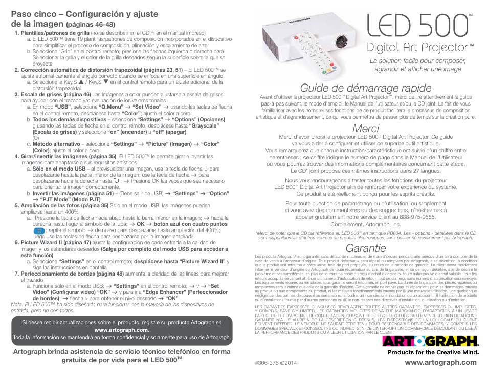 Guide de démarrage rapide, Merci, Garantie | Paso cinco – configuración y ajuste de la imagen | Artograph LED 500 Quick Setup Guide User Manual | Page 5 / 7