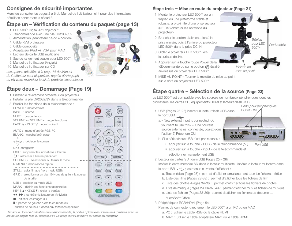 Consignes de sécurité importantes, Étape deux – démarrage (page 19), Étape quatre – sélection de la source | Artograph LED 500 Quick Setup Guide User Manual | Page 6 / 7