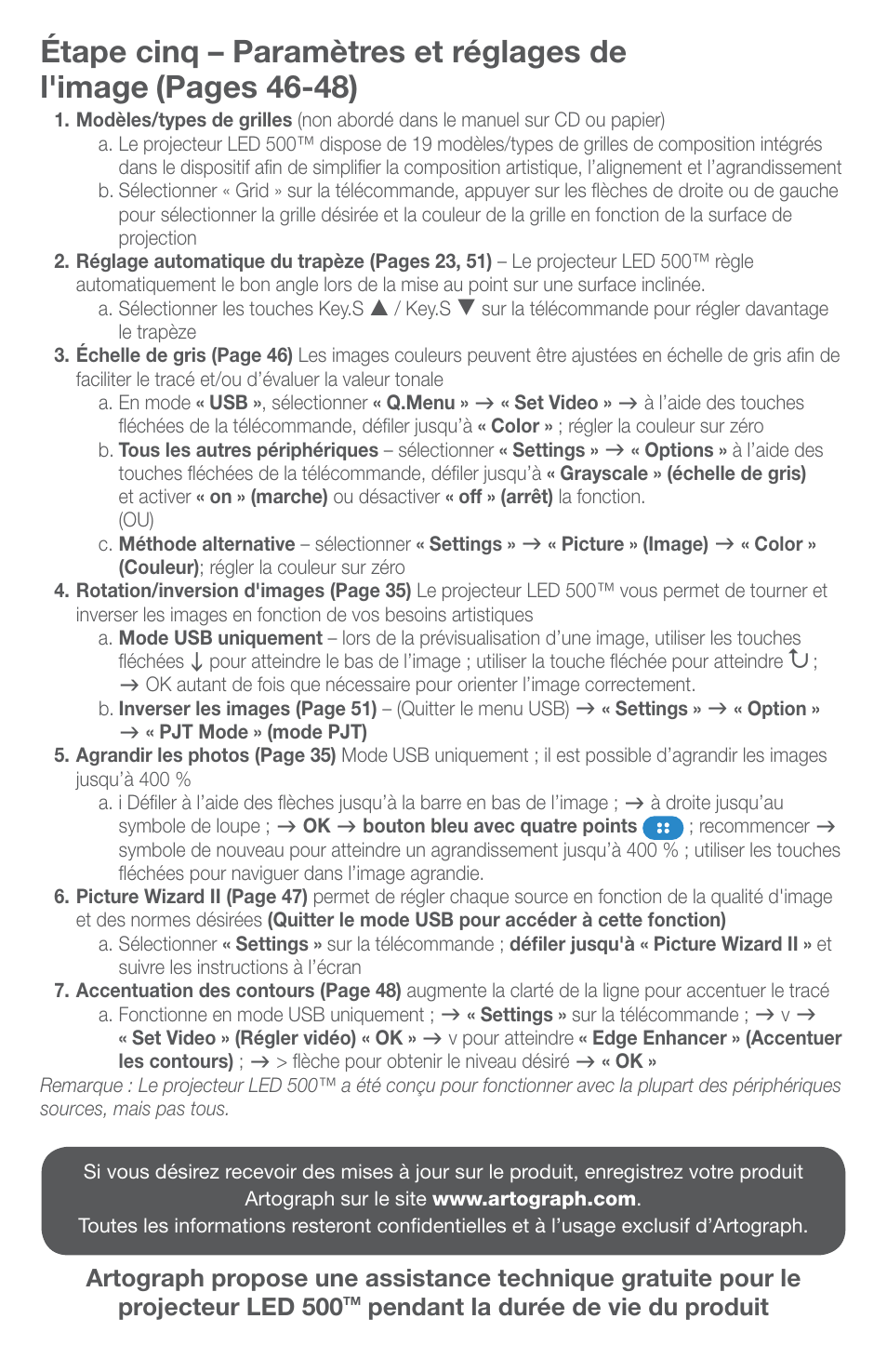 Étape cinq – paramètres et réglages de l'image, Pages 46-48) | Artograph LED 500 Quick Setup Guide User Manual | Page 7 / 7