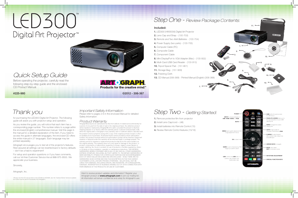 Artograph LED 300 Quick Setup Guide User Manual | 2 pages