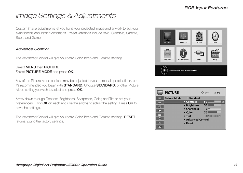 Image settings & adjustments | Artograph LED 200 Owners Manual User Manual | Page 13 / 60