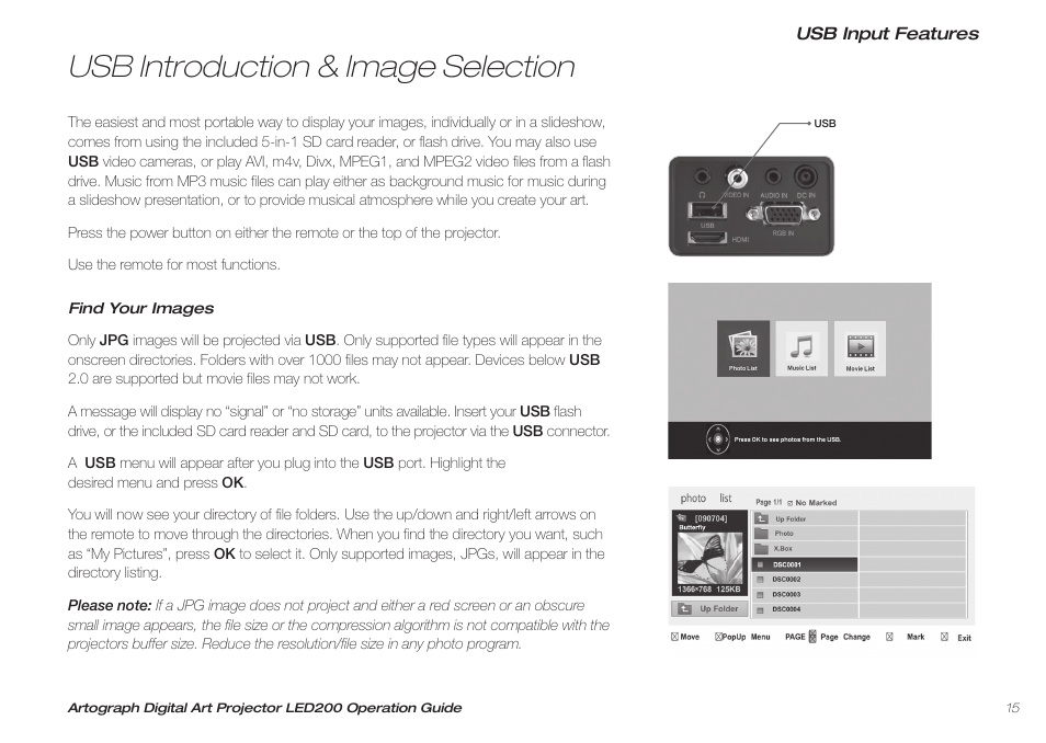 Usb introduction & image selection | Artograph LED 200 Owners Manual User Manual | Page 15 / 60