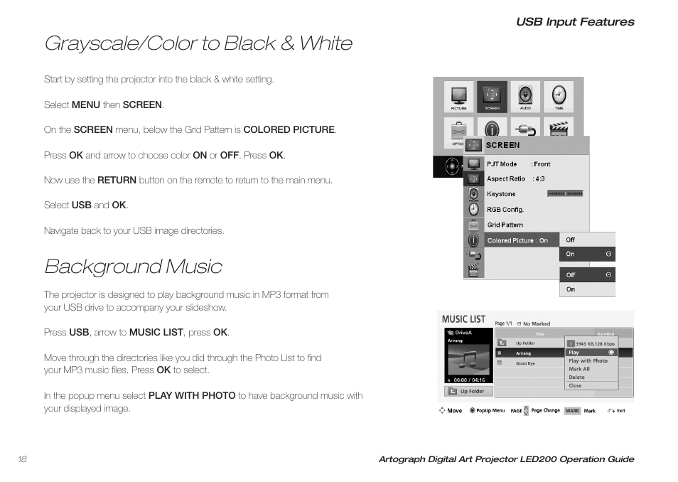 Grayscale/color to black & white, Background music | Artograph LED 200 Owners Manual User Manual | Page 18 / 60