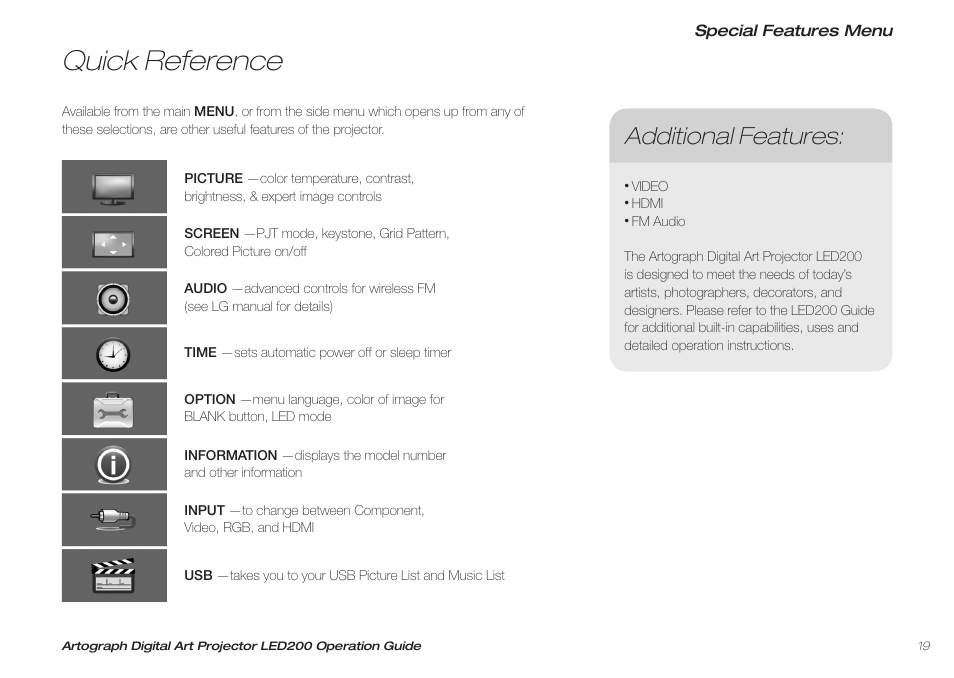 Quick reference, Additional features | Artograph LED 200 Owners Manual User Manual | Page 19 / 60