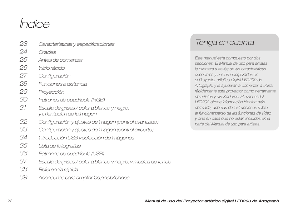 Índice, Tenga en cuenta | Artograph LED 200 Owners Manual User Manual | Page 22 / 60