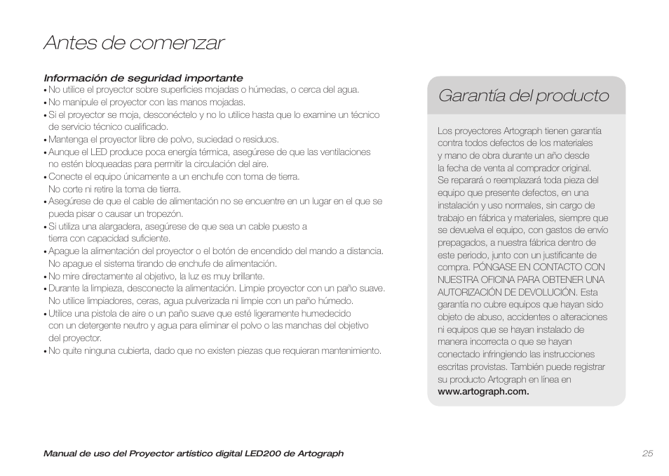 Antes de comenzar, Garantía del producto | Artograph LED 200 Owners Manual User Manual | Page 25 / 60