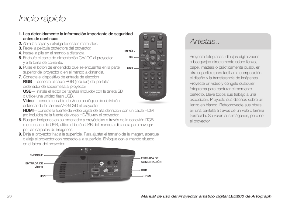 Inicio rápido, Artistas | Artograph LED 200 Owners Manual User Manual | Page 26 / 60