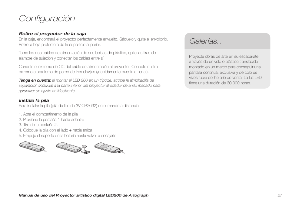 Configuración, Galerías | Artograph LED 200 Owners Manual User Manual | Page 27 / 60