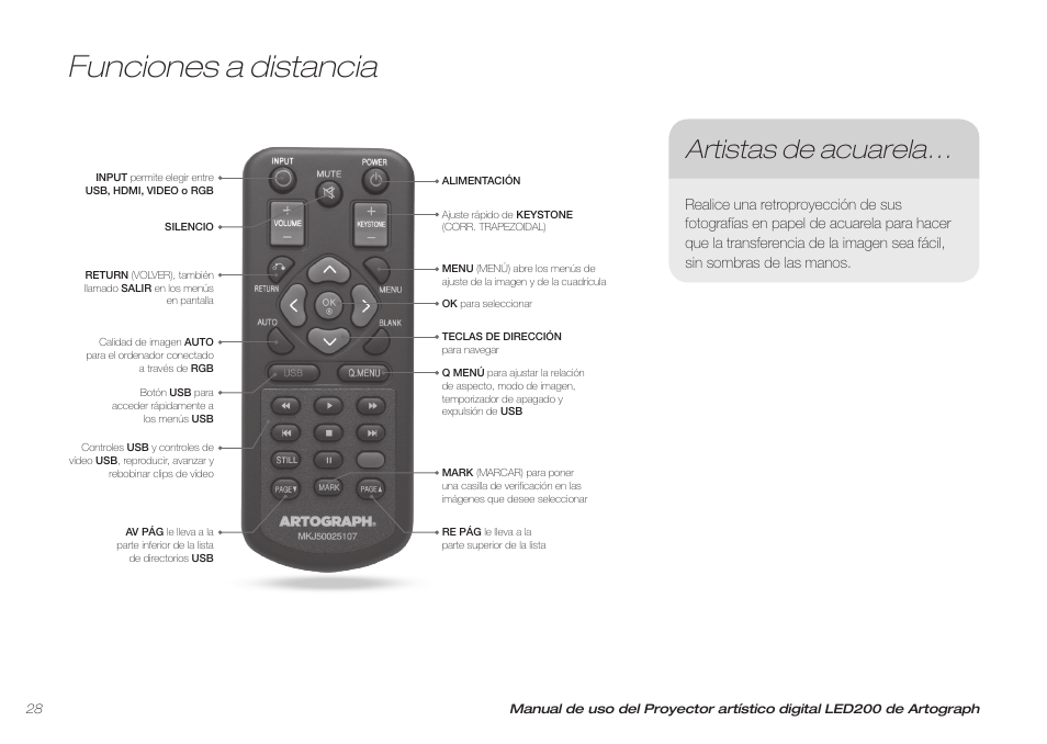 Funciones a distancia, Artistas de acuarela | Artograph LED 200 Owners Manual User Manual | Page 28 / 60